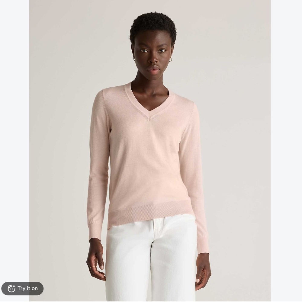 Quince Lightweight Cotton Cashmere V-Neck Sweater Womens L Sugar Stone Pink Fall
